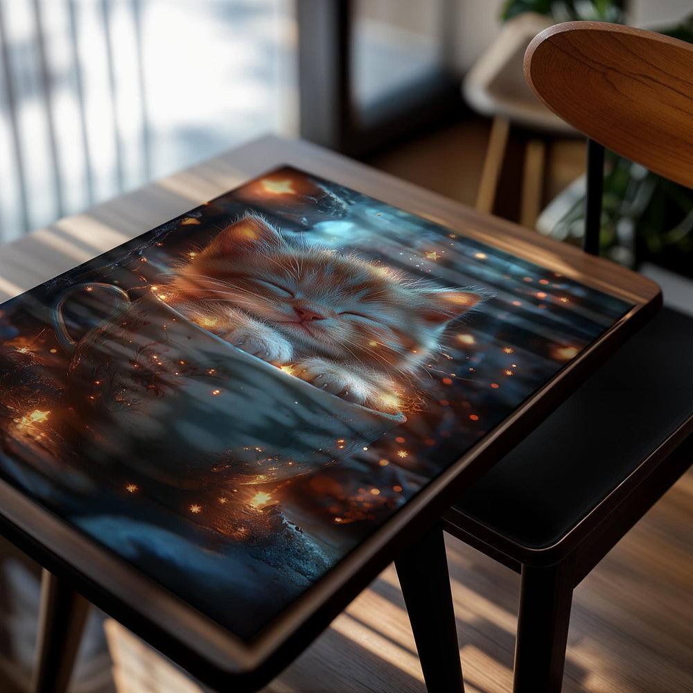 Cute kitten in a teacup surrounded by glowing lights and stars, as a premium aluminum metal print from GoMetalPrint.