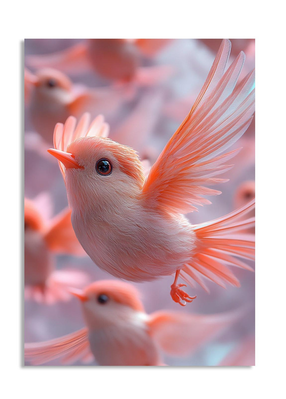 Pink birds with a soft focus background, as a premium aluminum metal print from GoMetalPrint.