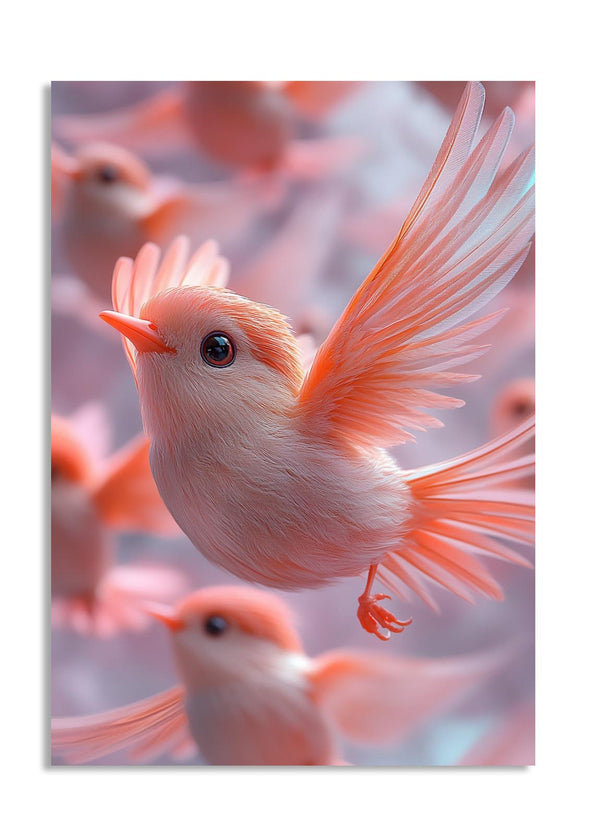 Pink birds with a soft focus background, as a premium aluminum metal print from GoMetalPrint.