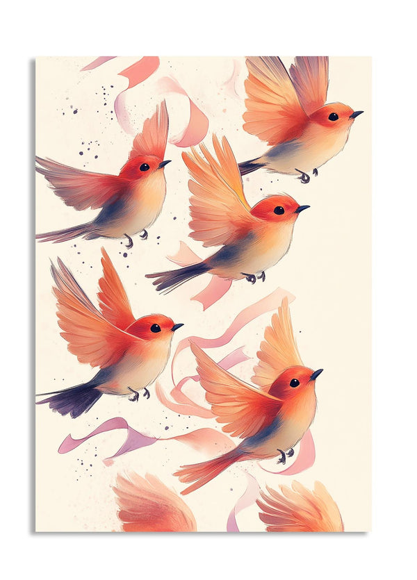Illustration of orange birds with pink ribbons on a light background, as a premium aluminum metal print from GoMetalPrint.