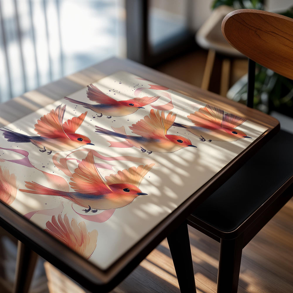 Illustration of orange birds with pink ribbons on a light background, as a premium aluminum metal print from GoMetalPrint.