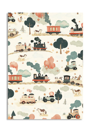 Patterned paper with trains, trees, and animals on a white background, as a premium aluminum metal print from GoMetalPrint.
