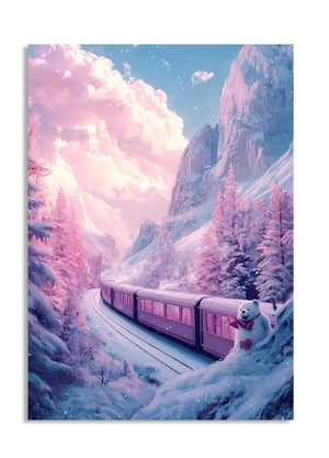 Magical winter landscape with a purple train and teddy bear in a snowy forest, as a premium aluminum metal print from GoMetalPrint.