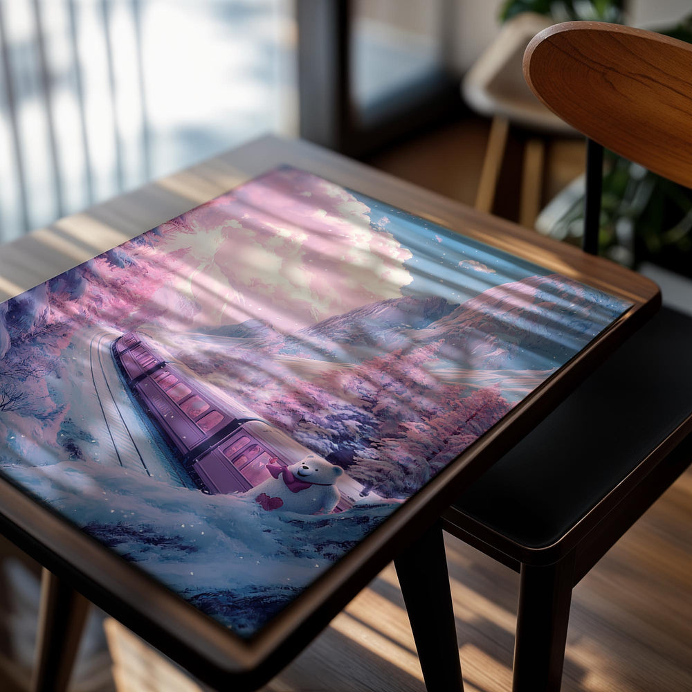 Magical winter landscape with a purple train and teddy bear in a snowy forest, as a premium aluminum metal print from GoMetalPrint.