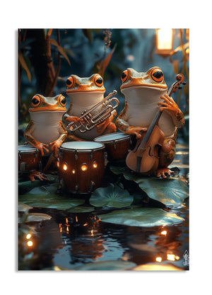 Three frogs playing musical instruments on lily pads with a blurred natural background, as a premium aluminum metal print from GoMetalPrint.