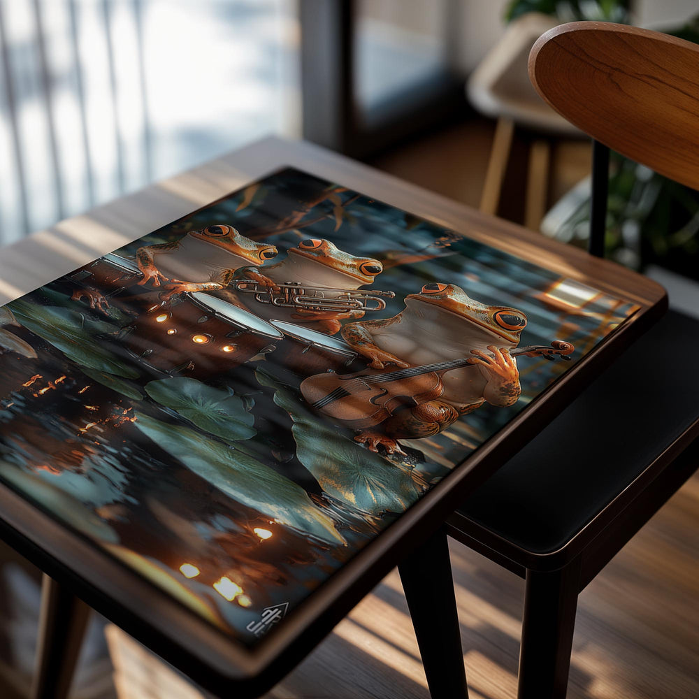 Three frogs playing musical instruments on lily pads with a blurred natural background, as a premium aluminum metal print from GoMetalPrint.