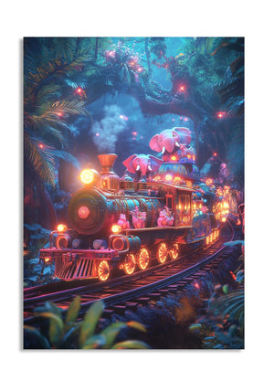 Fantasy train with colorful elephants in a magical forest, as a premium aluminum metal print from GoMetalPrint.
