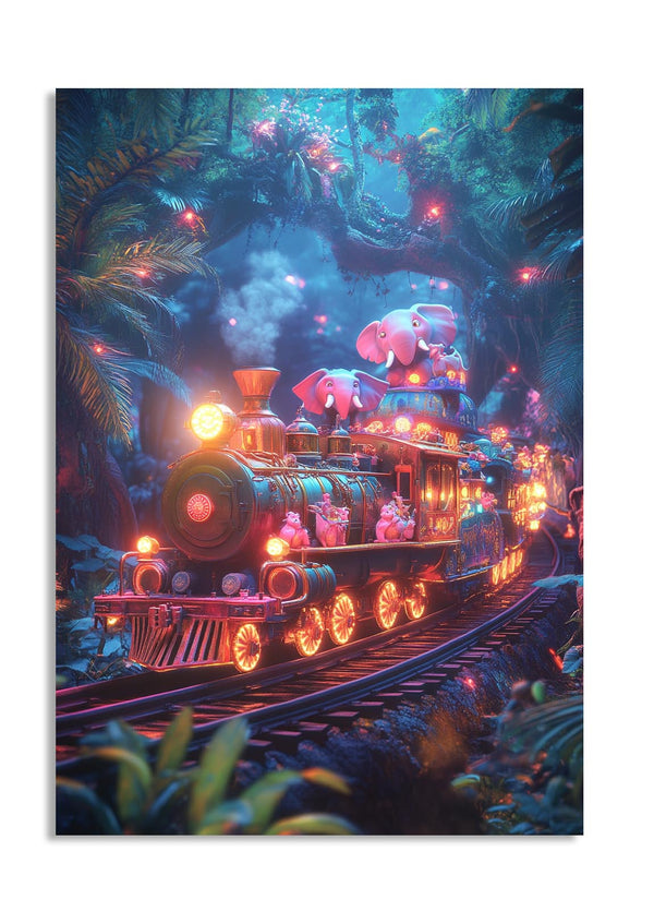 Fantasy train with colorful elephants in a magical forest, as a premium aluminum metal print from GoMetalPrint.