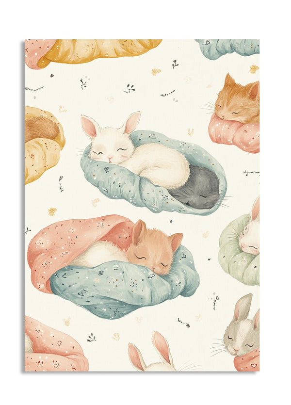 Illustration of bunnies sleeping in colorful nests on a light background as a premium aluminum metal print from GoMetalPrint.