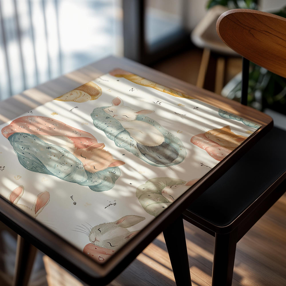 Illustration of bunnies sleeping in colorful nests on a light background as a premium aluminum metal print from GoMetalPrint.