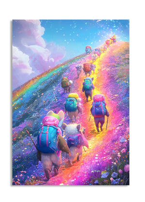 Illustration of animals with backpacks walking on a rainbow path with a colorful sky, as a premium aluminum metal print from GoMetalPrint.