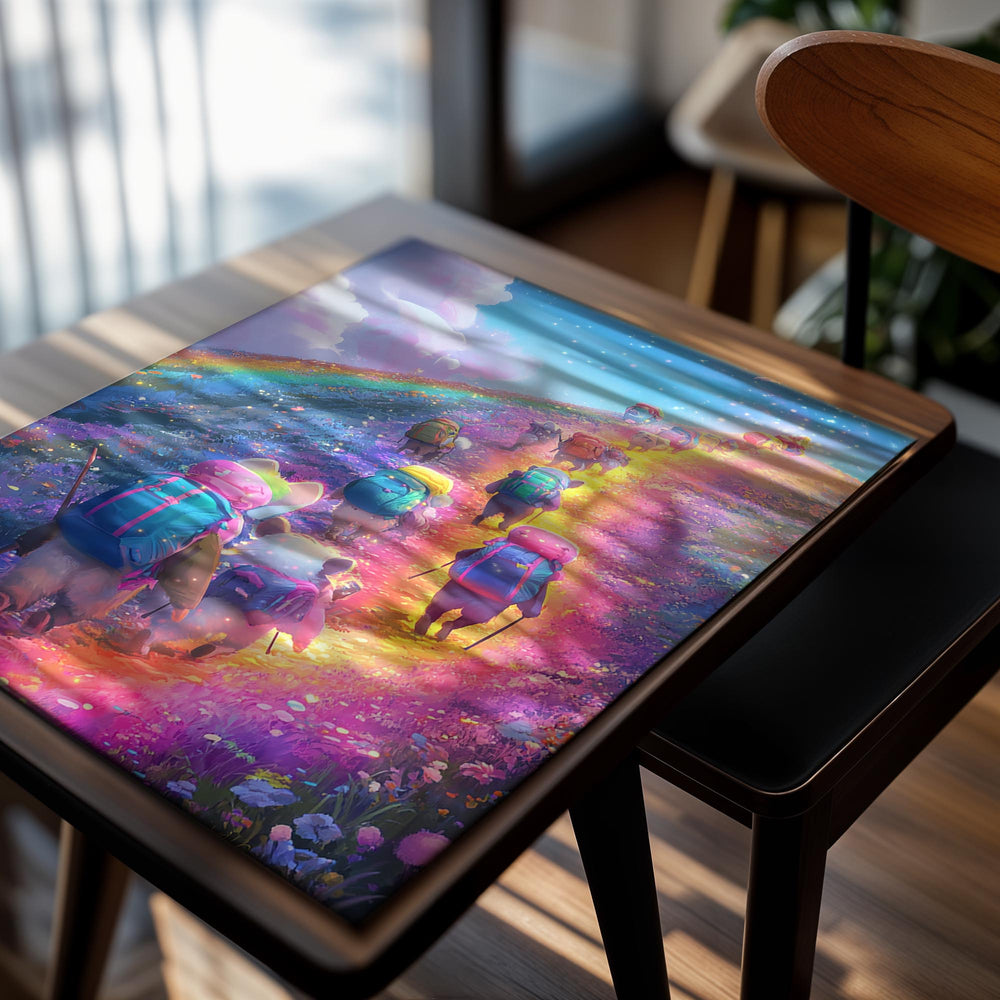 Illustration of animals with backpacks walking on a rainbow path with a colorful sky, as a premium aluminum metal print from GoMetalPrint.