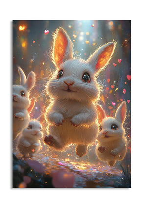 Illustration of a fluffy white bunny surrounded by smaller bunnies and hearts on a dark background, as a premium aluminum metal print from GoMetalPrint.