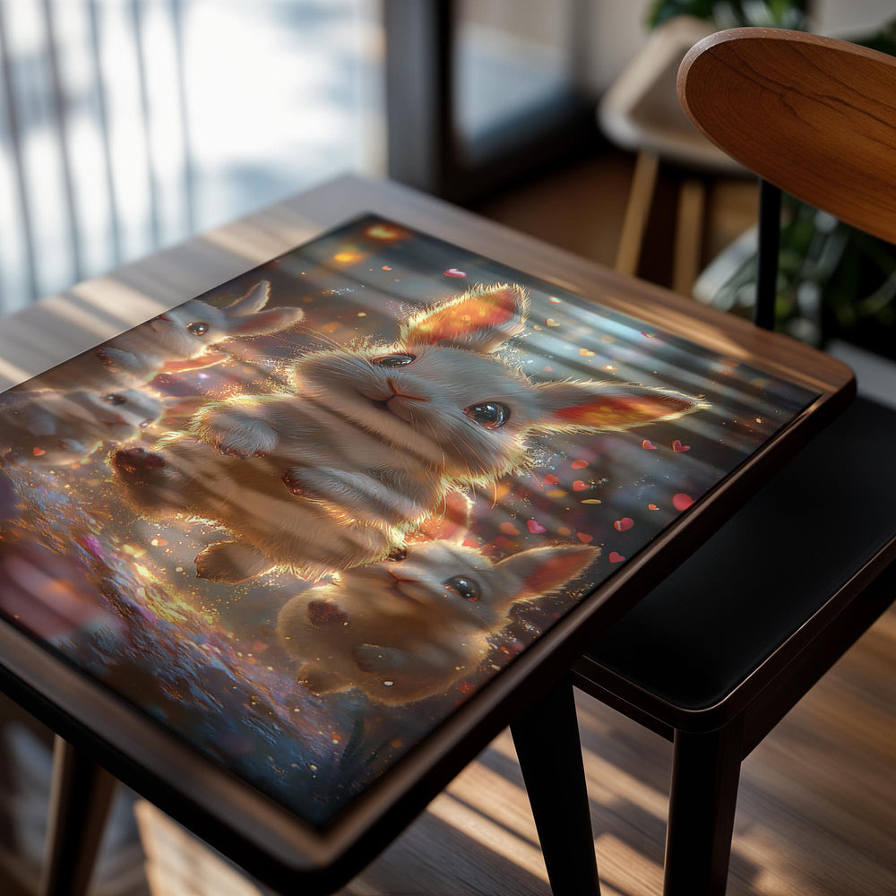 Illustration of a fluffy white bunny surrounded by smaller bunnies and hearts on a dark background, as a premium aluminum metal print from GoMetalPrint.
