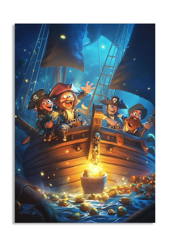 Illustration of cartoon pirates on a ship with treasure at night, as a premium aluminum metal print from GoMetalPrint.
