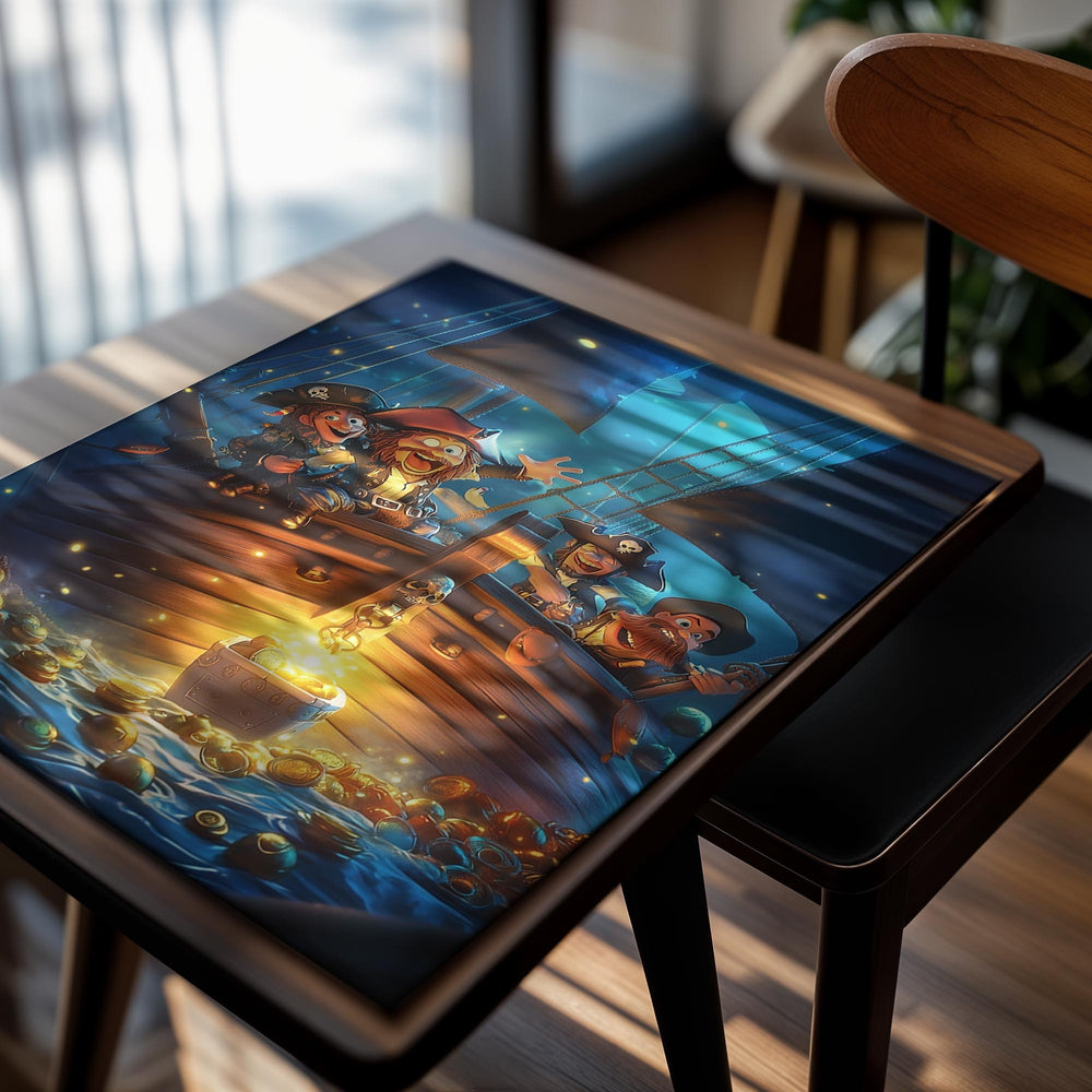 Illustration of cartoon pirates on a ship with treasure at night, as a premium aluminum metal print from GoMetalPrint.
