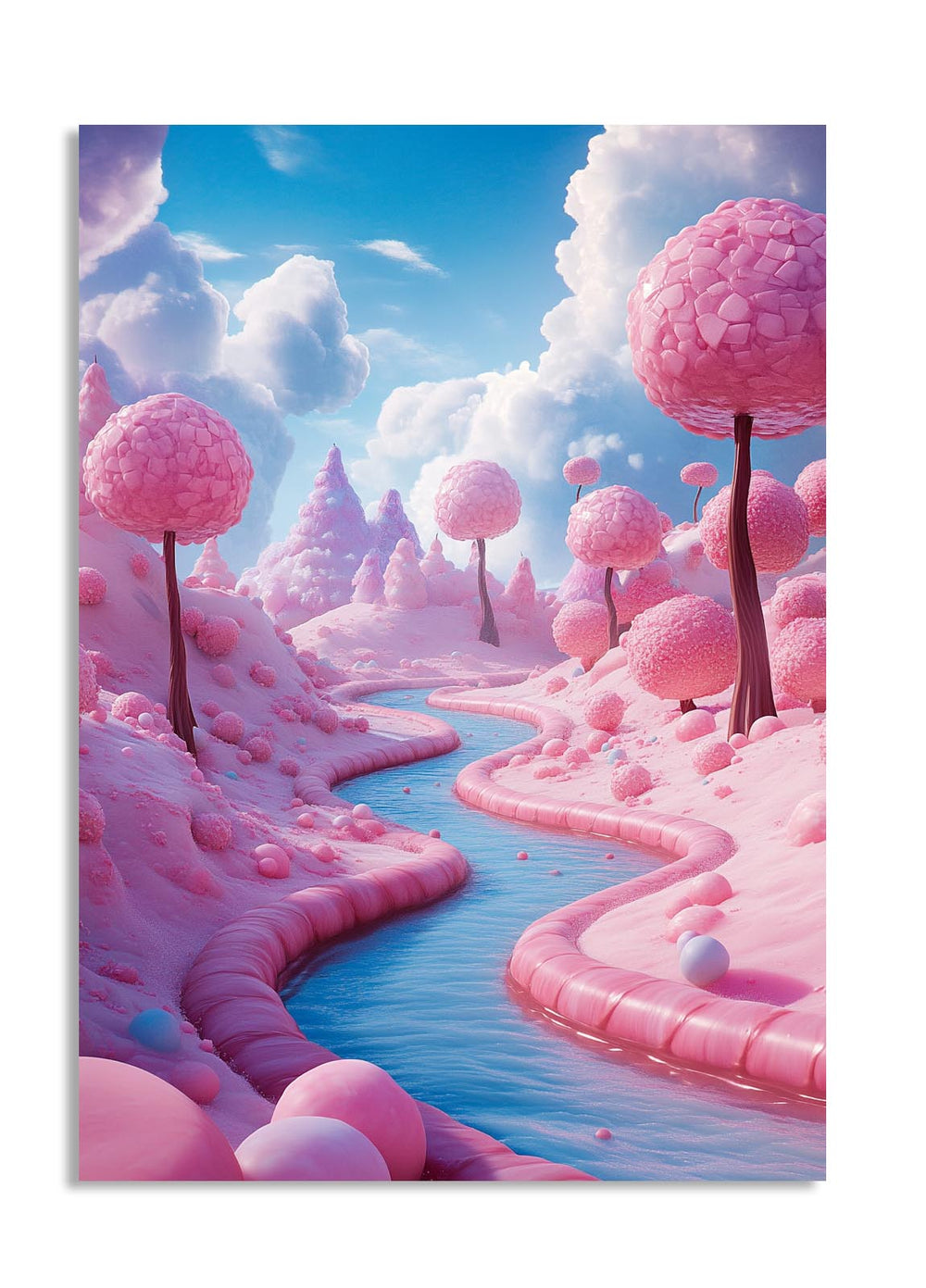 Fantasy landscape with pink trees and a stream in a cloud-filled sky, as a premium aluminum metal print from GoMetalPrint.