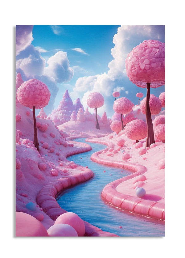 Fantasy landscape with pink trees and a stream in a cloud-filled sky, as a premium aluminum metal print from GoMetalPrint.