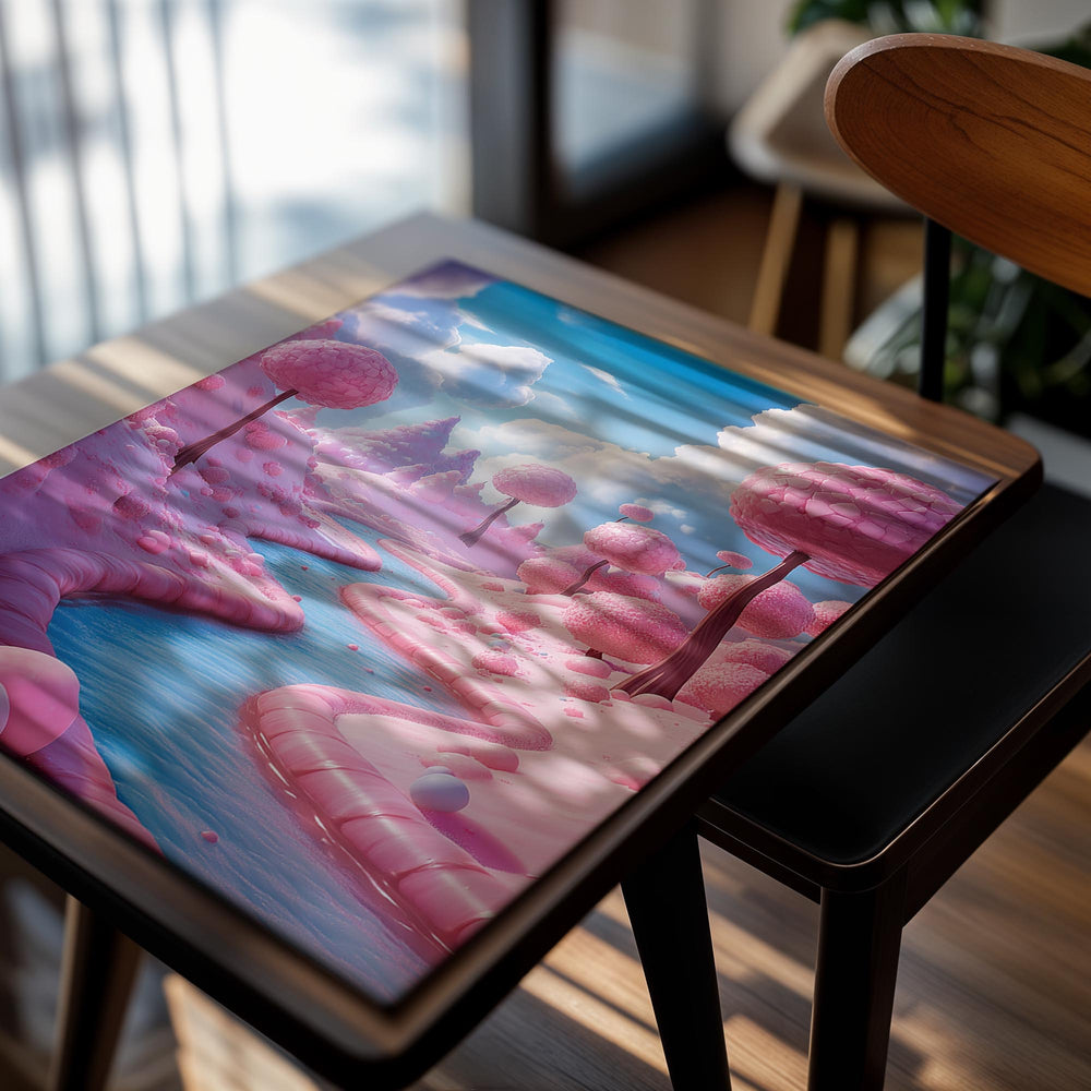 Fantasy landscape with pink trees and a stream in a cloud-filled sky, as a premium aluminum metal print from GoMetalPrint.