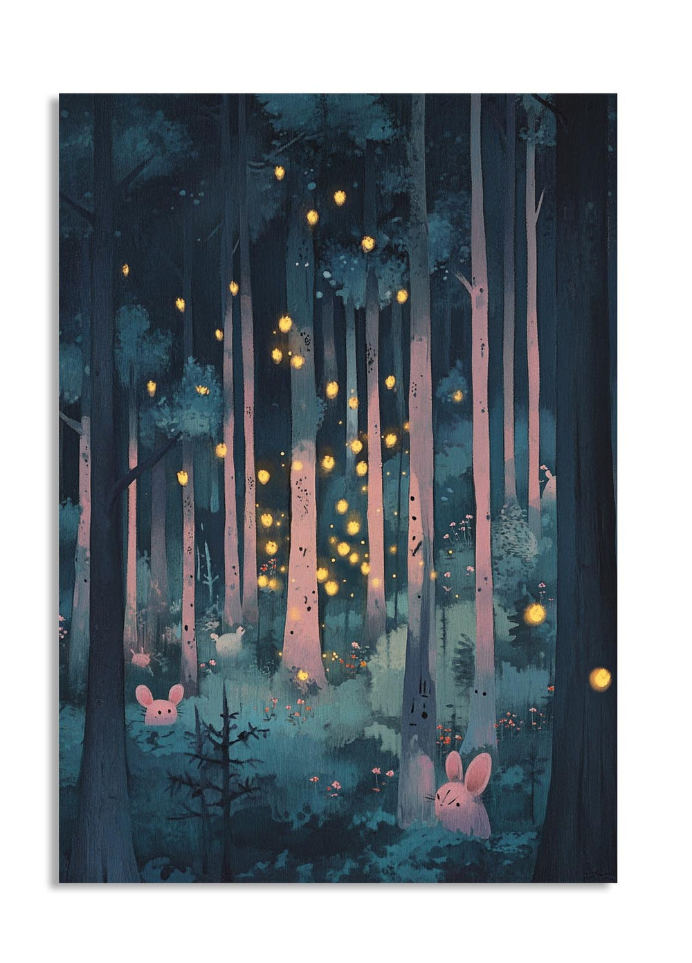 Forest scene with glowing lights and two cute animals at the bottom, as a premium aluminum metal print from GoMetalPrint.