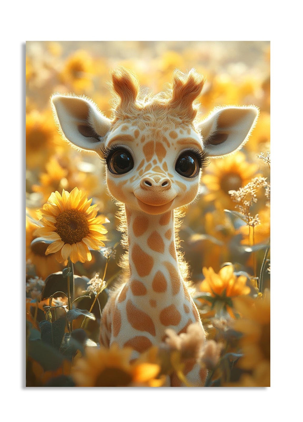 Giraffe toy surrounded by sunflowers with a warm, blurred background, as a premium aluminum metal print from GoMetalPrint.
