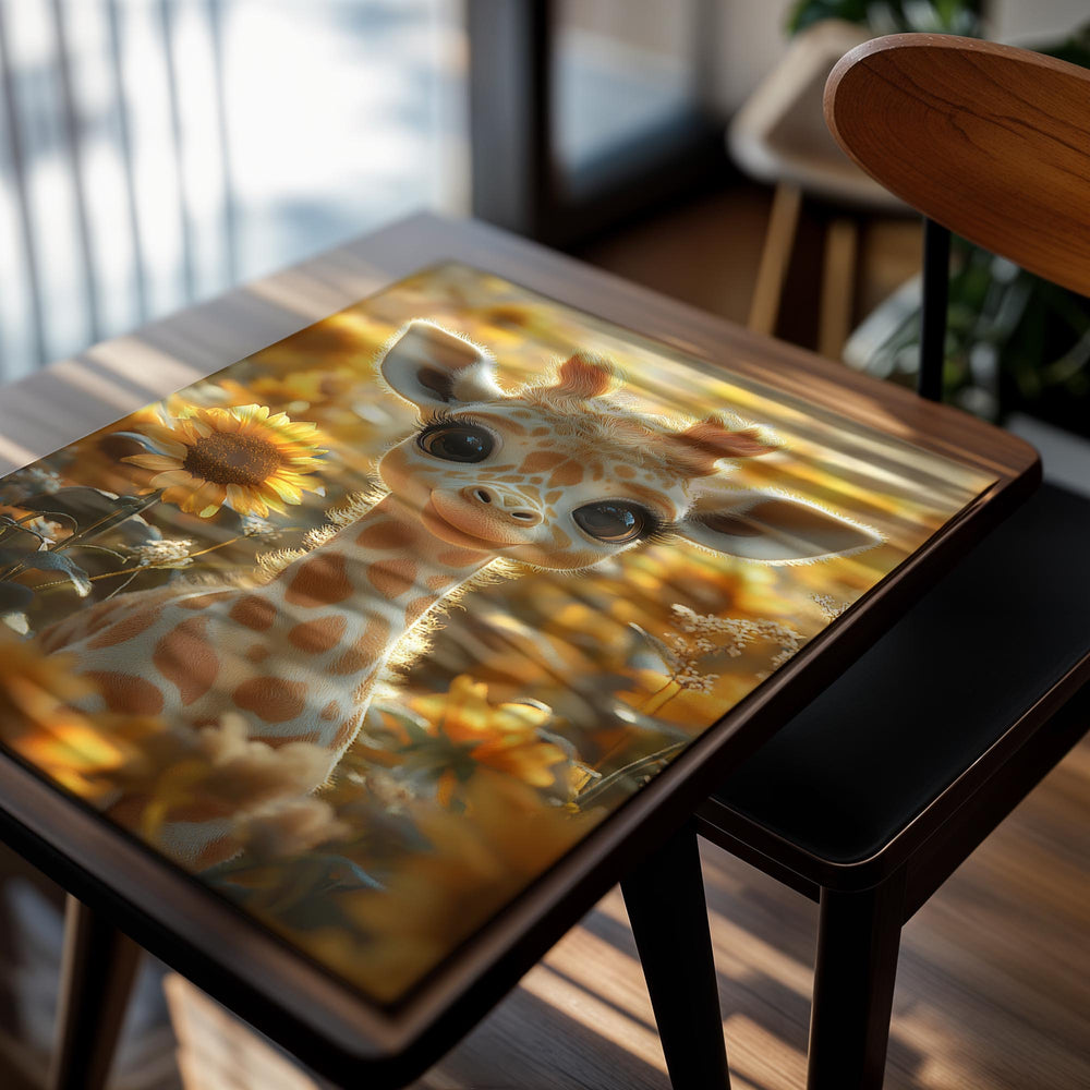 Giraffe toy surrounded by sunflowers with a warm, blurred background, as a premium aluminum metal print from GoMetalPrint.
