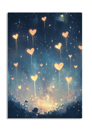 Heart-shaped balloons floating in a night sky with stars and a glowing light below, as a premium aluminum metal print from GoMetalPrint.
