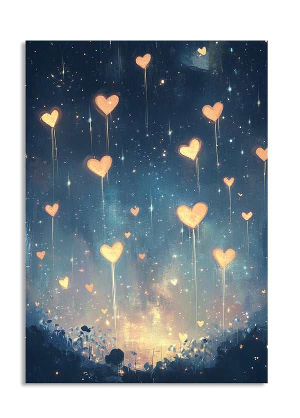 Heart-shaped balloons floating in a night sky with stars and a glowing light below, as a premium aluminum metal print from GoMetalPrint.
