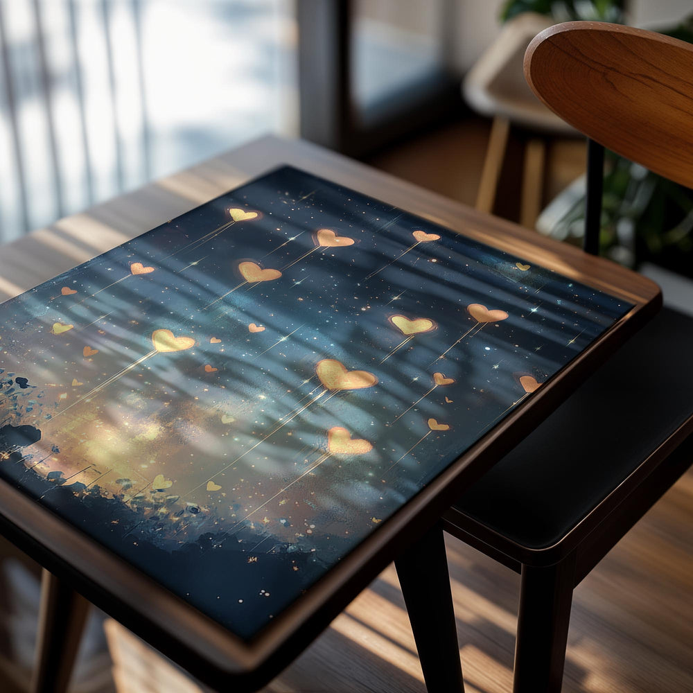 Heart-shaped balloons floating in a night sky with stars and a glowing light below, as a premium aluminum metal print from GoMetalPrint.
