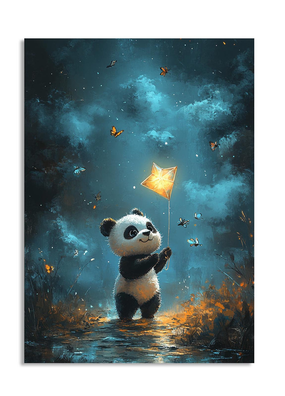 Panda holding a star-shaped lantern against a dark, starry sky with butterflies, as a premium aluminum metal print from GoMetalPrint.