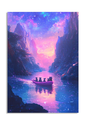 Futuristic landscape with a boat on a reflective water surface, surrounded by mountains under a starry sky, as a premium aluminum metal print from GoMetalPrint.
