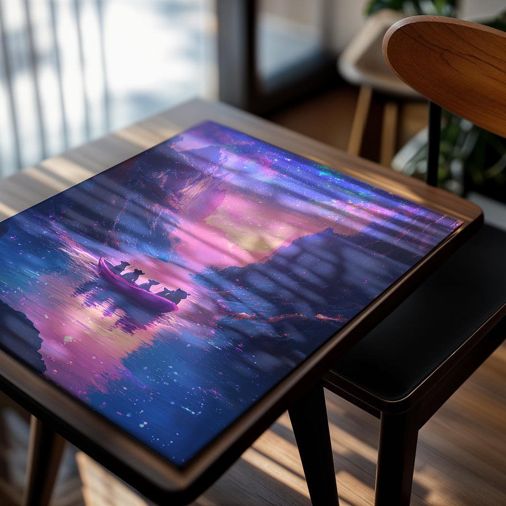 Futuristic landscape with a boat on a reflective water surface, surrounded by mountains under a starry sky, as a premium aluminum metal print from GoMetalPrint.