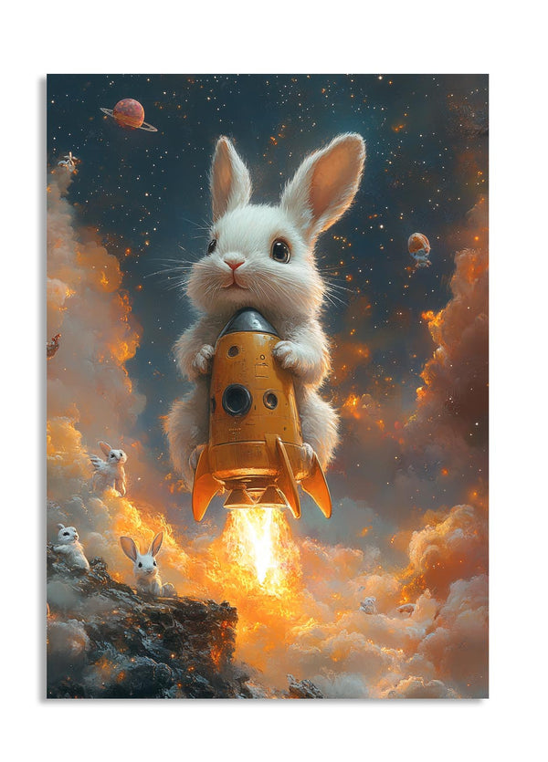Illustration of a rabbit riding a rocket in space with stars and planets in the background, as a premium aluminum metal print from GoMetalPrint.