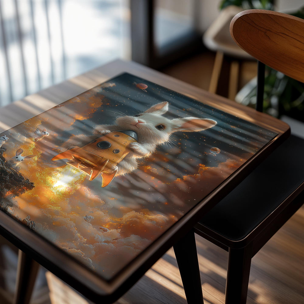 Illustration of a rabbit riding a rocket in space with stars and planets in the background, as a premium aluminum metal print from GoMetalPrint.