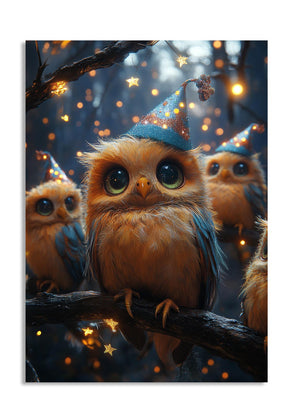 Three owls wearing party hats in a forest setting with glowing lights, as a premium aluminum metal print from GoMetalPrint.
