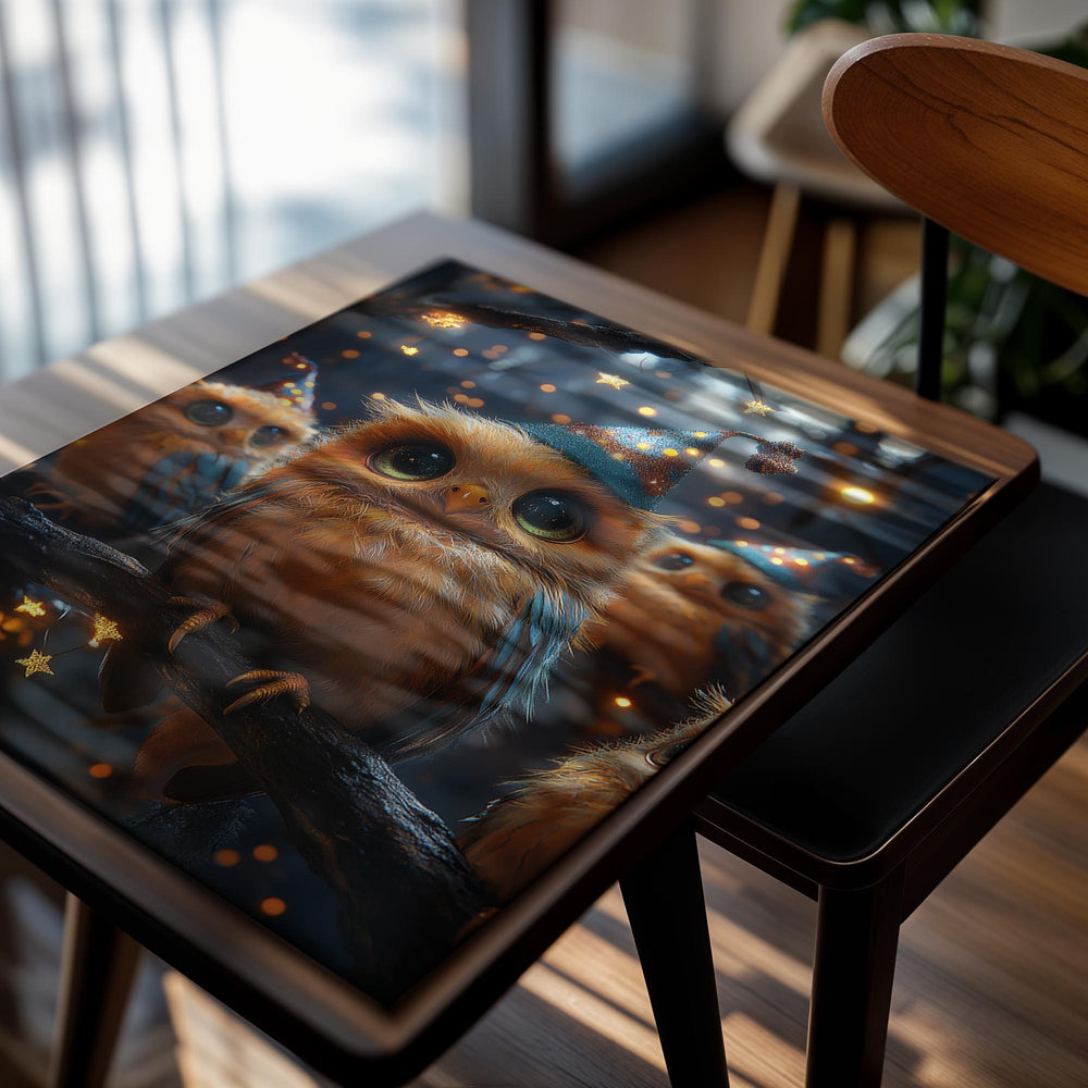 Three owls wearing party hats in a forest setting with glowing lights, as a premium aluminum metal print from GoMetalPrint.