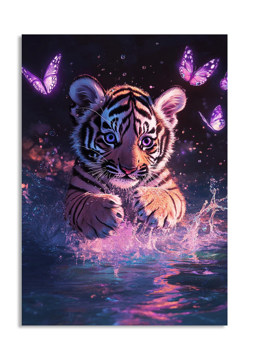 Tiger cub in water with butterflies and a starry sky, as a premium aluminum metal print from GoMetalPrint.