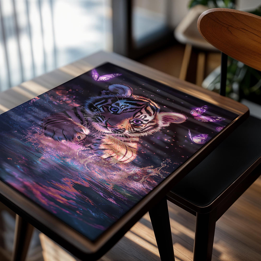 Tiger cub in water with butterflies and a starry sky, as a premium aluminum metal print from GoMetalPrint.