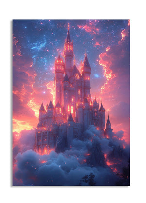 Fantasy castle in a cloud of smoke with a vibrant, otherworldly sky, as a premium aluminum metal print from GoMetalPrint.