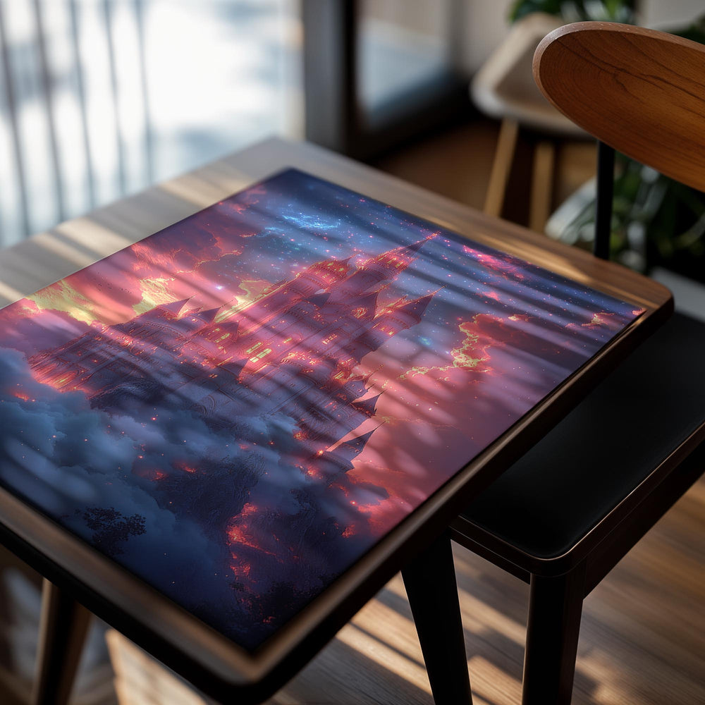 Fantasy castle in a cloud of smoke with a vibrant, otherworldly sky, as a premium aluminum metal print from GoMetalPrint.