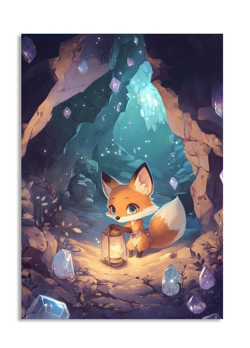 Illustration of a fox holding a lantern in a magical cave with crystals, as a premium aluminum metal print from GoMetalPrint.
