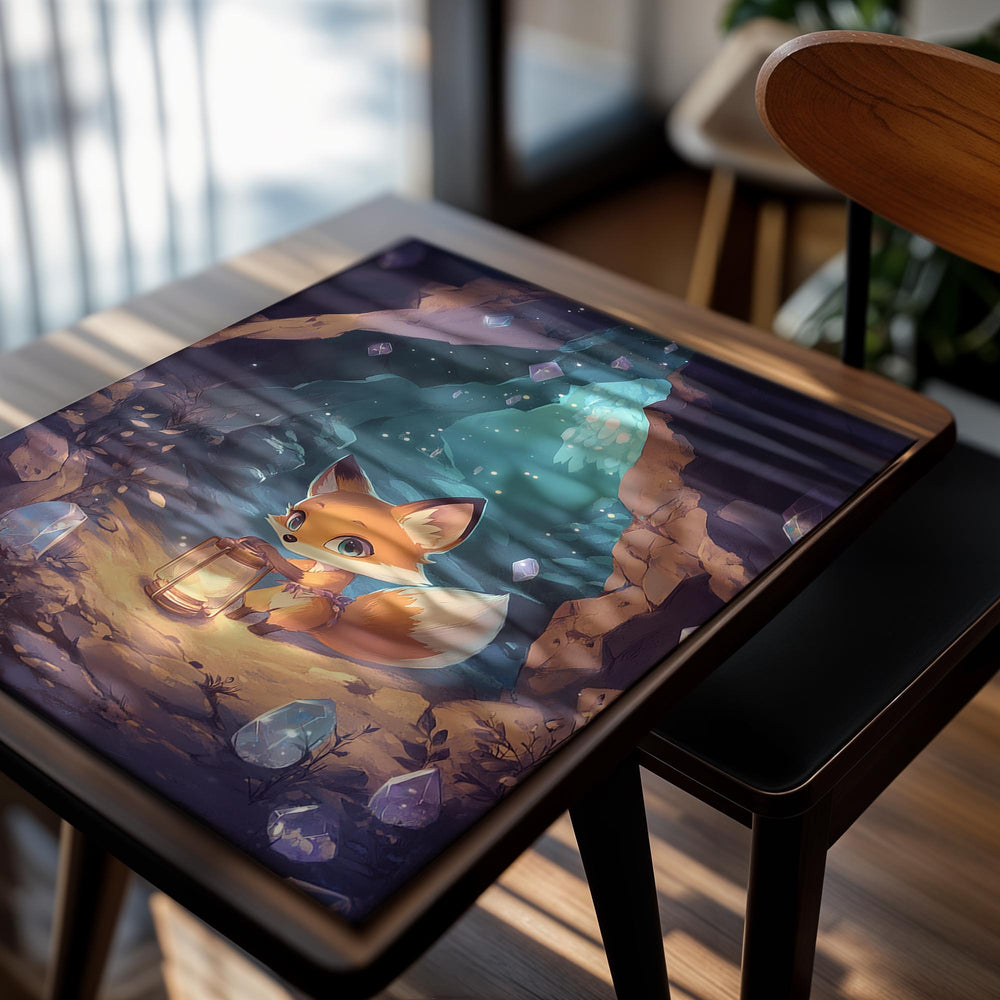 Illustration of a fox holding a lantern in a magical cave with crystals, as a premium aluminum metal print from GoMetalPrint.