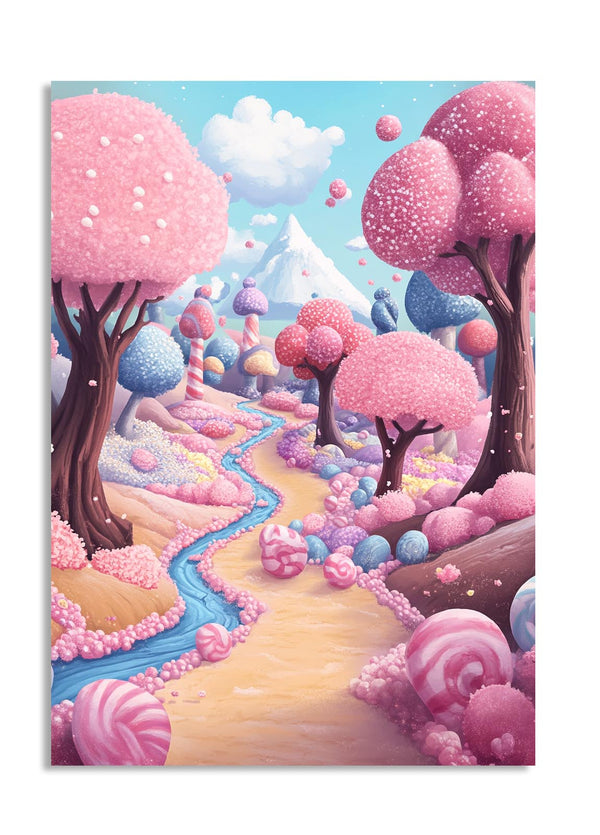 Colorful fantasy landscape with pink trees and candy-like elements, as a premium aluminum metal print from GoMetalPrint.