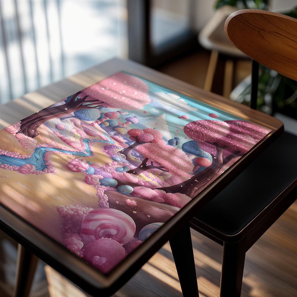 Colorful fantasy landscape with pink trees and candy-like elements, as a premium aluminum metal print from GoMetalPrint.