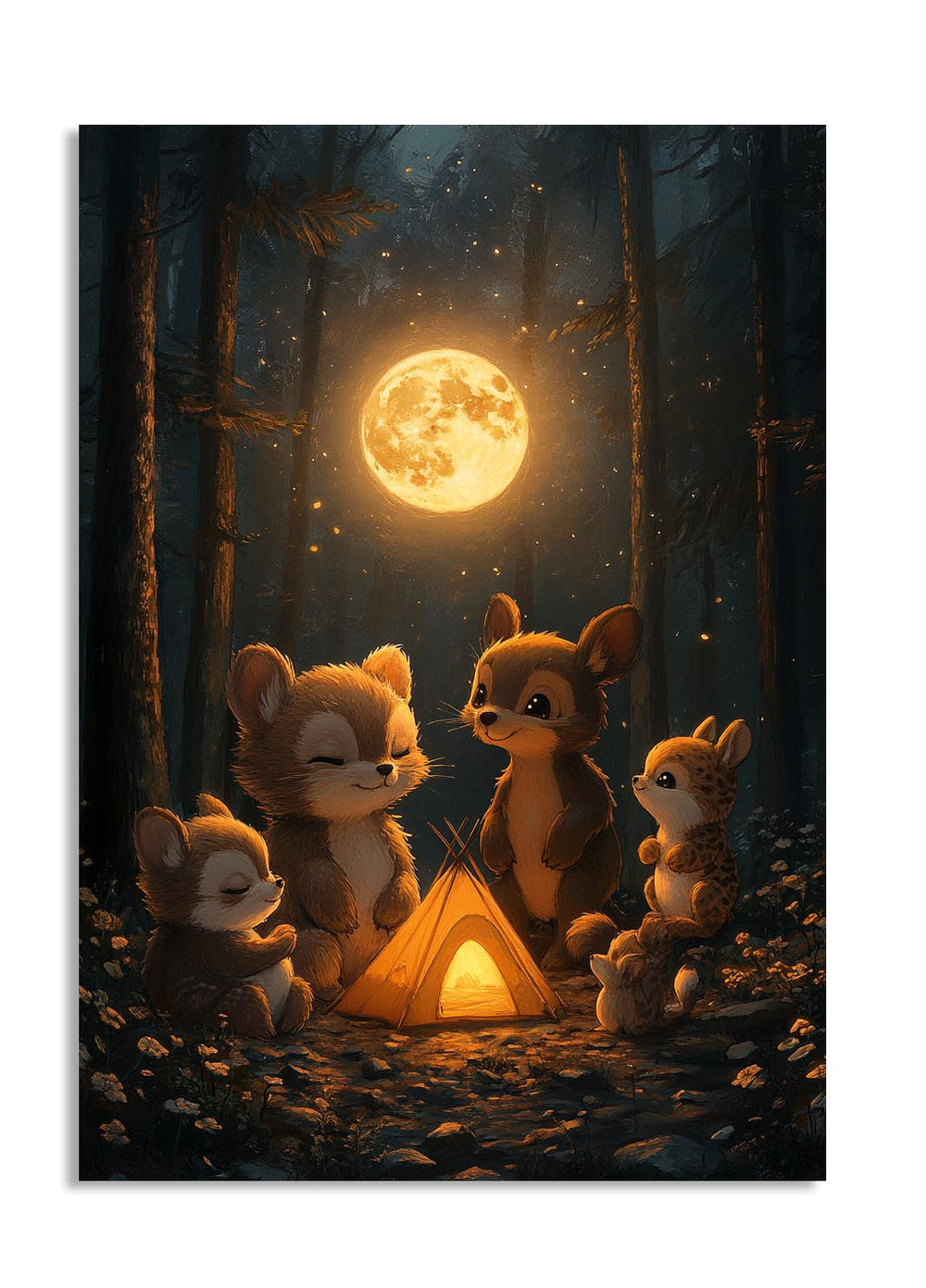 Illustration of four foxes around a small tent in a forest under a full moon, as a premium aluminum metal print from GoMetalPrint.