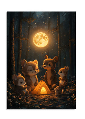 Illustration of four foxes around a small tent in a forest under a full moon, as a premium aluminum metal print from GoMetalPrint.