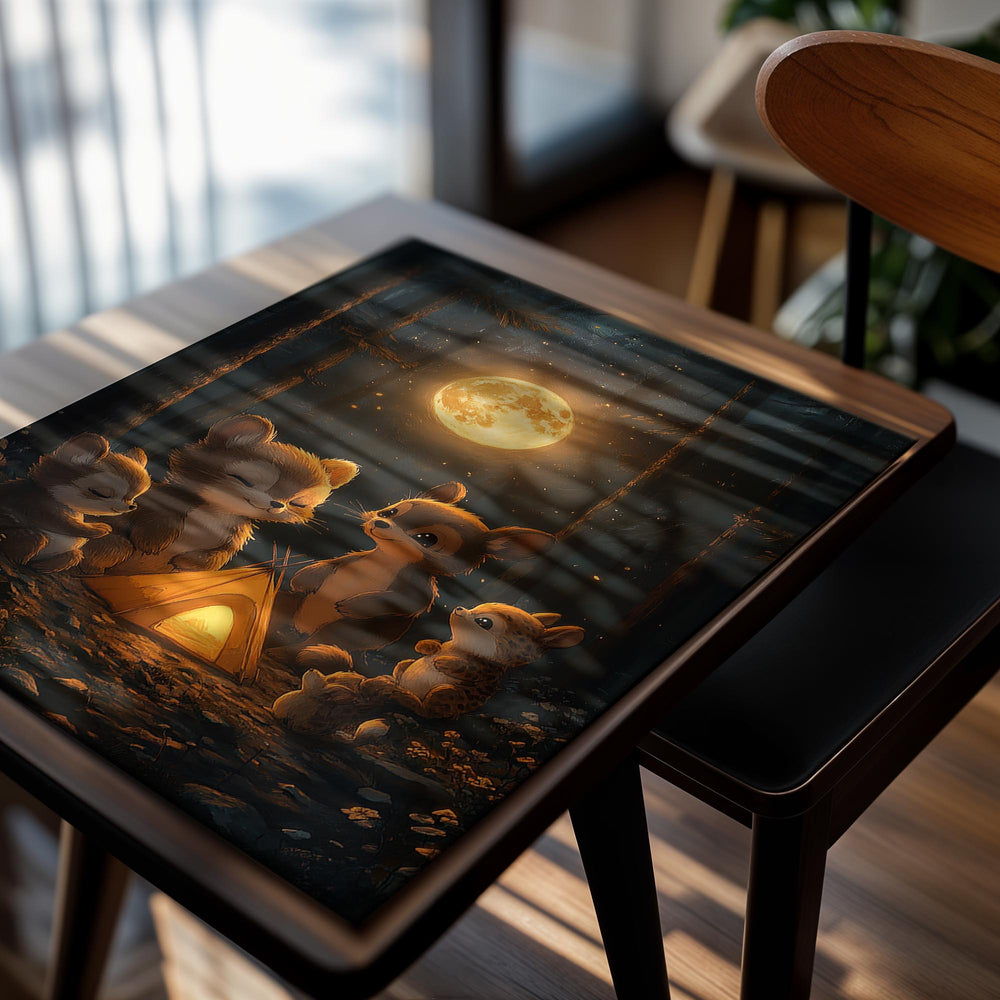 Illustration of four foxes around a small tent in a forest under a full moon, as a premium aluminum metal print from GoMetalPrint.