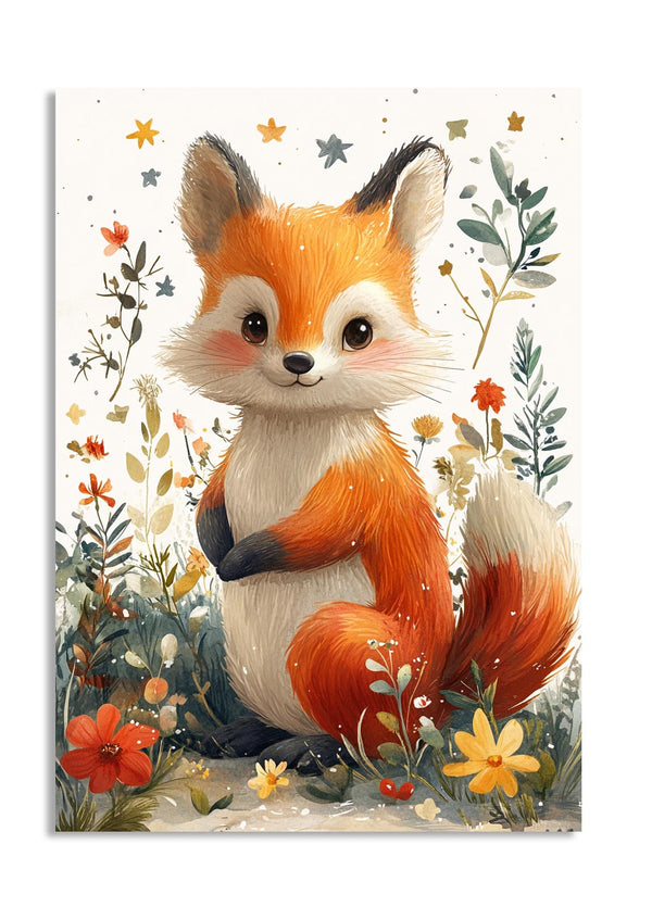 Illustration of a fox surrounded by flowers and leaves on a white background, as a premium aluminum metal print from GoMetalPrint.