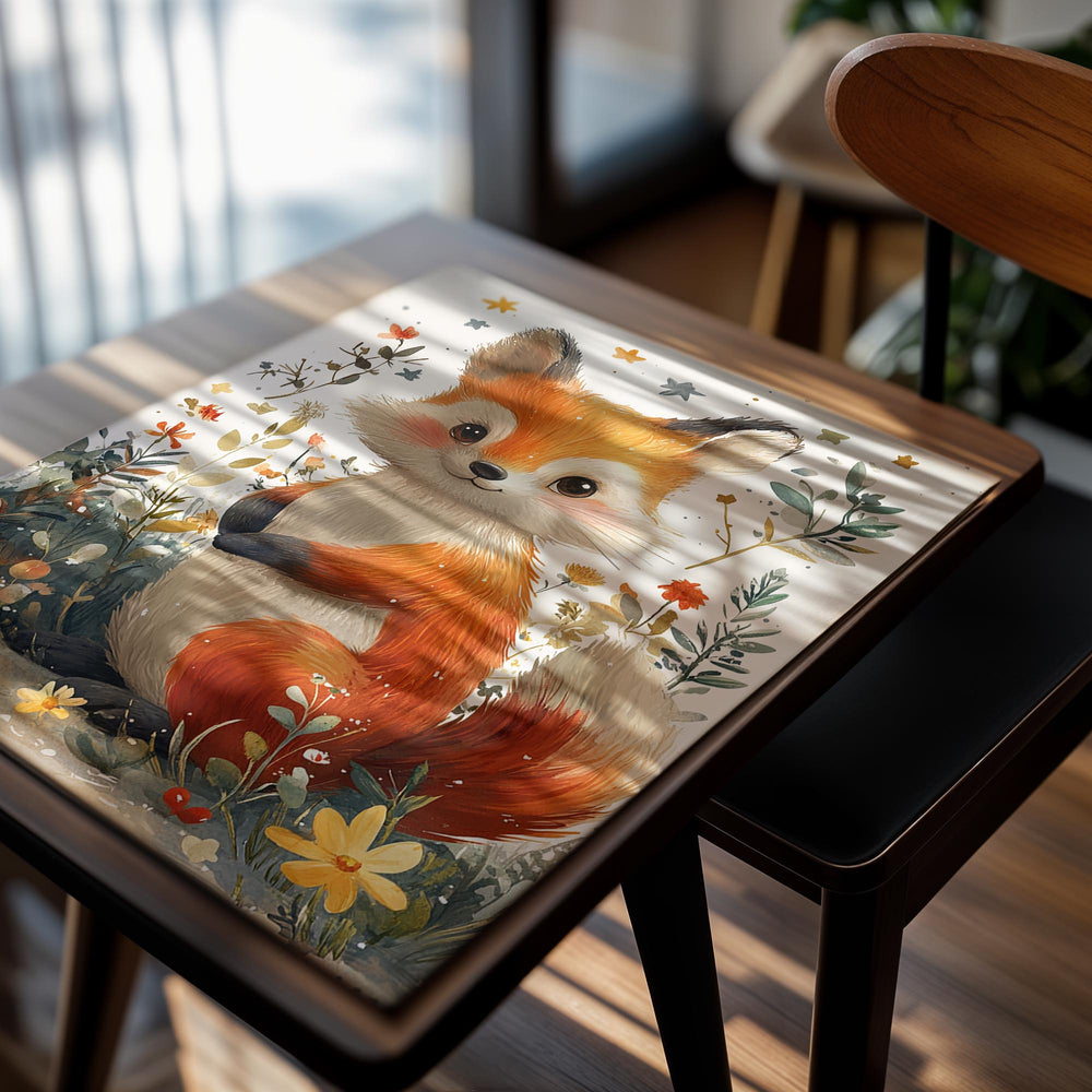 Illustration of a fox surrounded by flowers and leaves on a white background, as a premium aluminum metal print from GoMetalPrint.