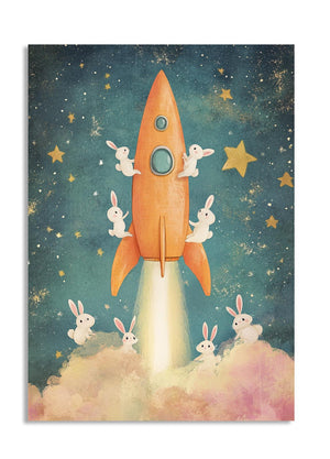 Illustration of a rocket launching with bunnies around it against a starry sky, as a premium aluminum metal print from GoMetalPrint.